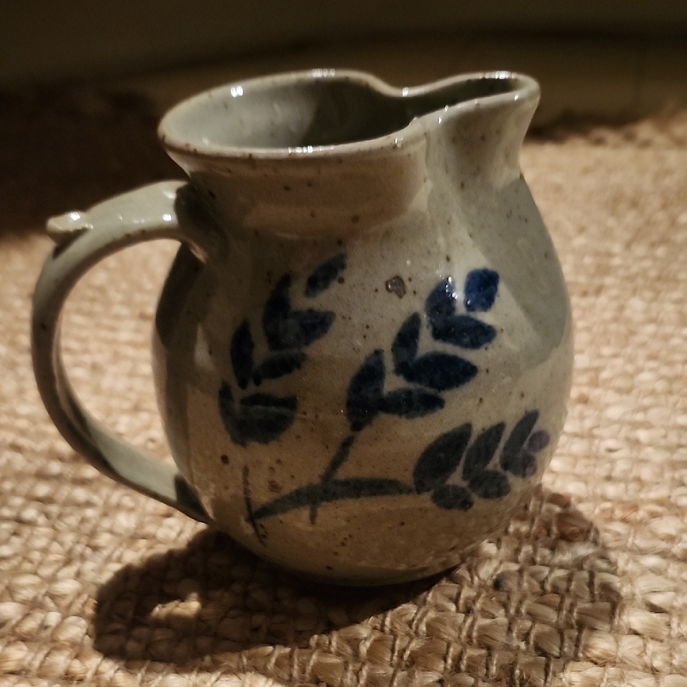 Handcrafted Pottery Small Pitcher with Blue Leaf Design